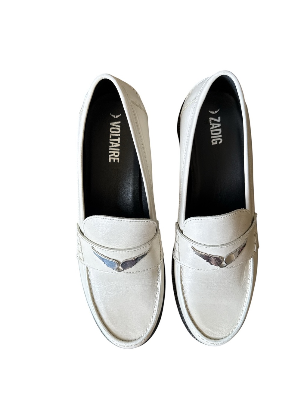 Zadig & Voltaire White Leather Penny Loafers with Silver Wing Detail size 10